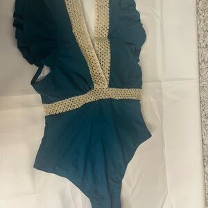 Peacock green/ Gold mesh One-Piece Swimsuit with Crochet Trim